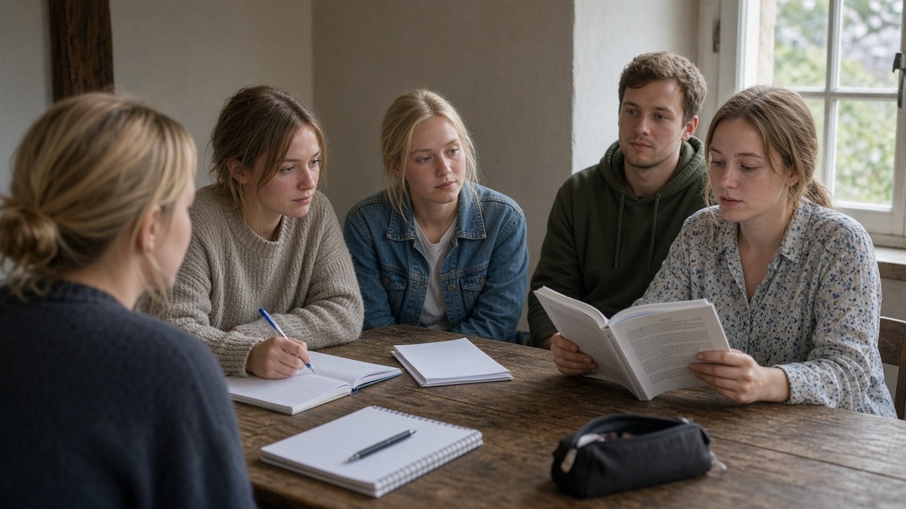 Personas ucranianas estudiando español en mesa redonda
